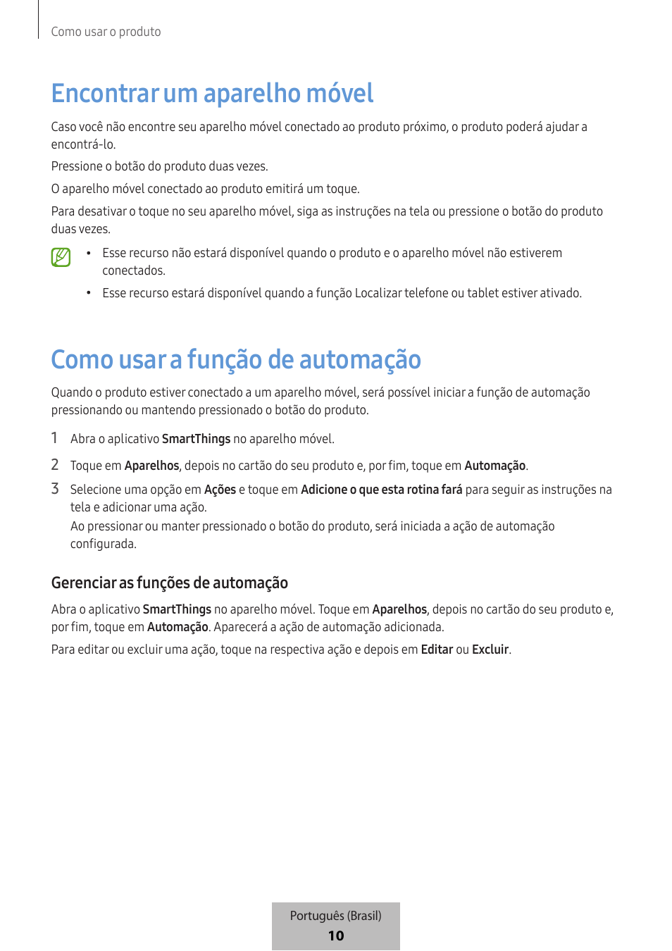 Encontrar um aparelho móvel, Como usar a função de automação, Gerenciar as funções de automação | Samsung SmartTag2 Wireless Tracker (White) User Manual | Page 766 / 798