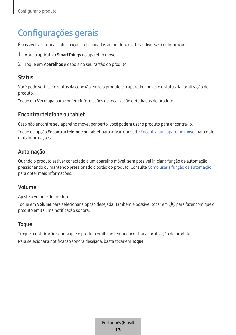 Configurações gerais, Status, Encontrar telefone ou tablet | Automação, Volume, Toque | Samsung SmartTag2 Wireless Tracker (White) User Manual | Page 769 / 798