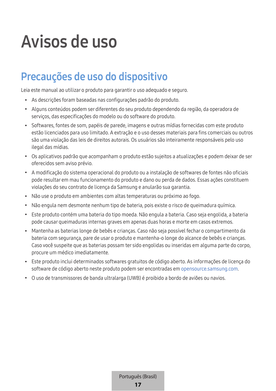 Avisos de uso, Precauções de uso do dispositivo | Samsung SmartTag2 Wireless Tracker (White) User Manual | Page 773 / 798