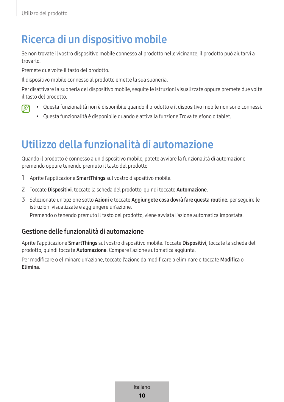 Ricerca di un dispositivo mobile, Utilizzo della funzionalità di automazione, Gestione delle funzionalità di automazione | Samsung SmartTag2 Wireless Tracker (White) User Manual | Page 78 / 798