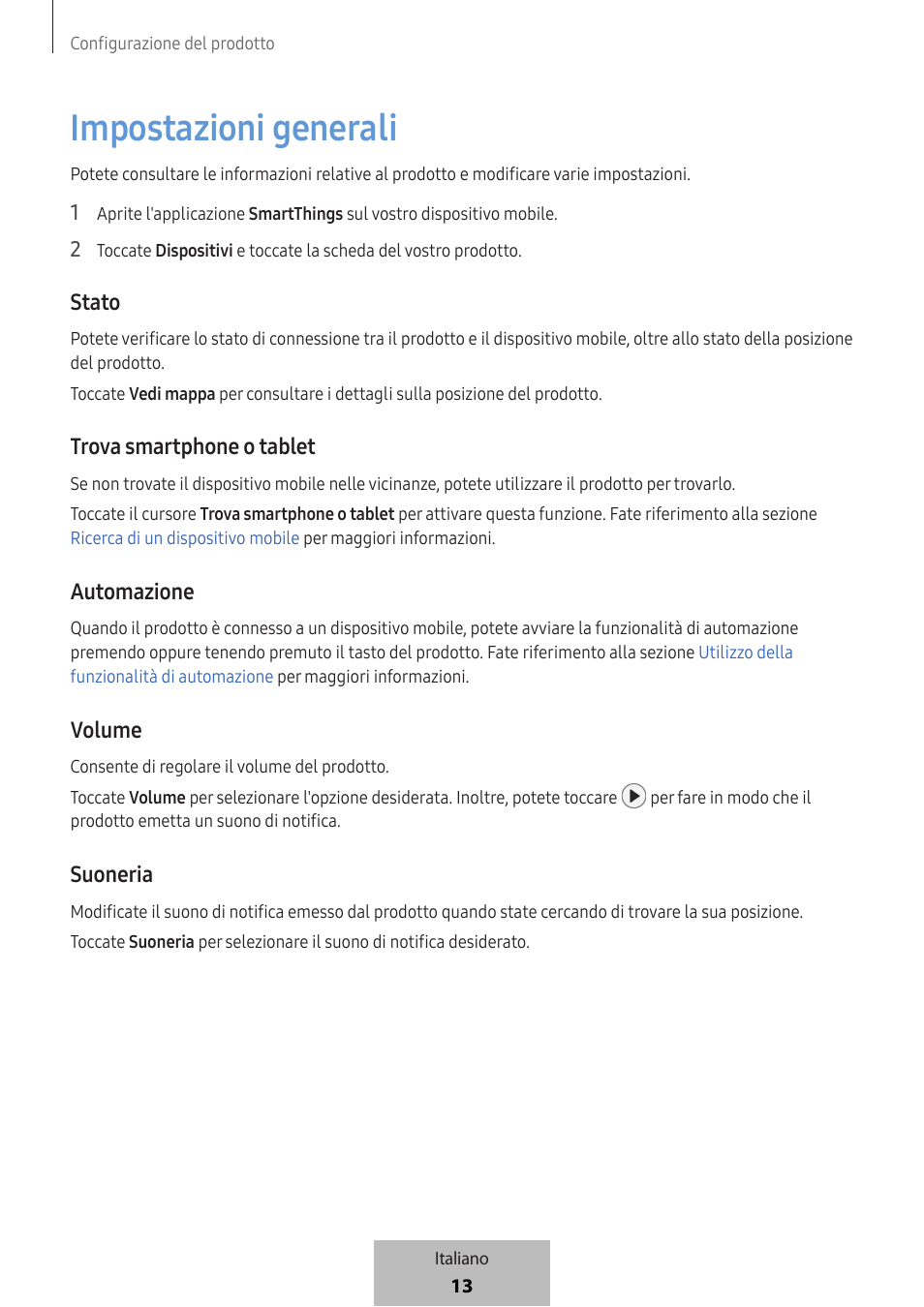 Impostazioni generali, Stato, Trova smartphone o tablet | Automazione, Volume, Suoneria | Samsung SmartTag2 Wireless Tracker (White) User Manual | Page 81 / 798