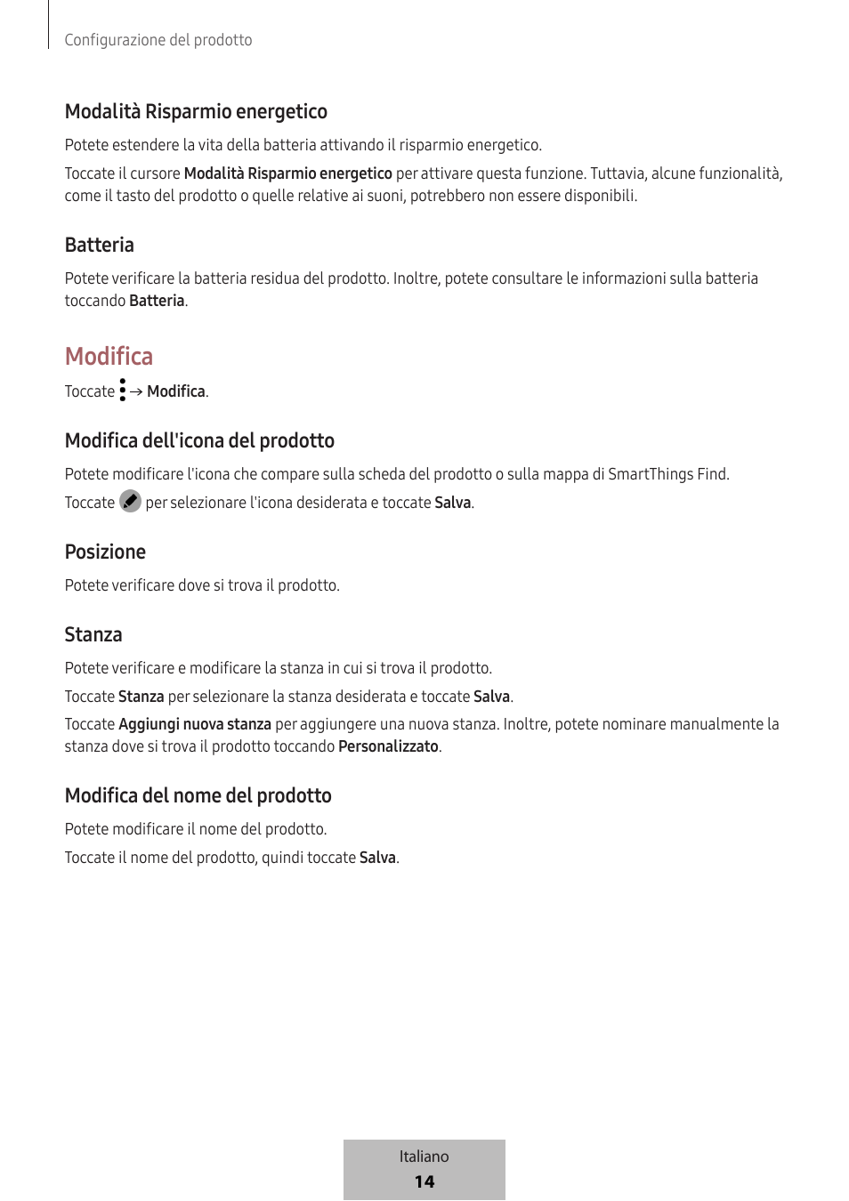 Modifica, Modalità risparmio energetico, Batteria | Modifica dell'icona del prodotto, Posizione, Stanza, Modifica del nome del prodotto | Samsung SmartTag2 Wireless Tracker (White) User Manual | Page 82 / 798