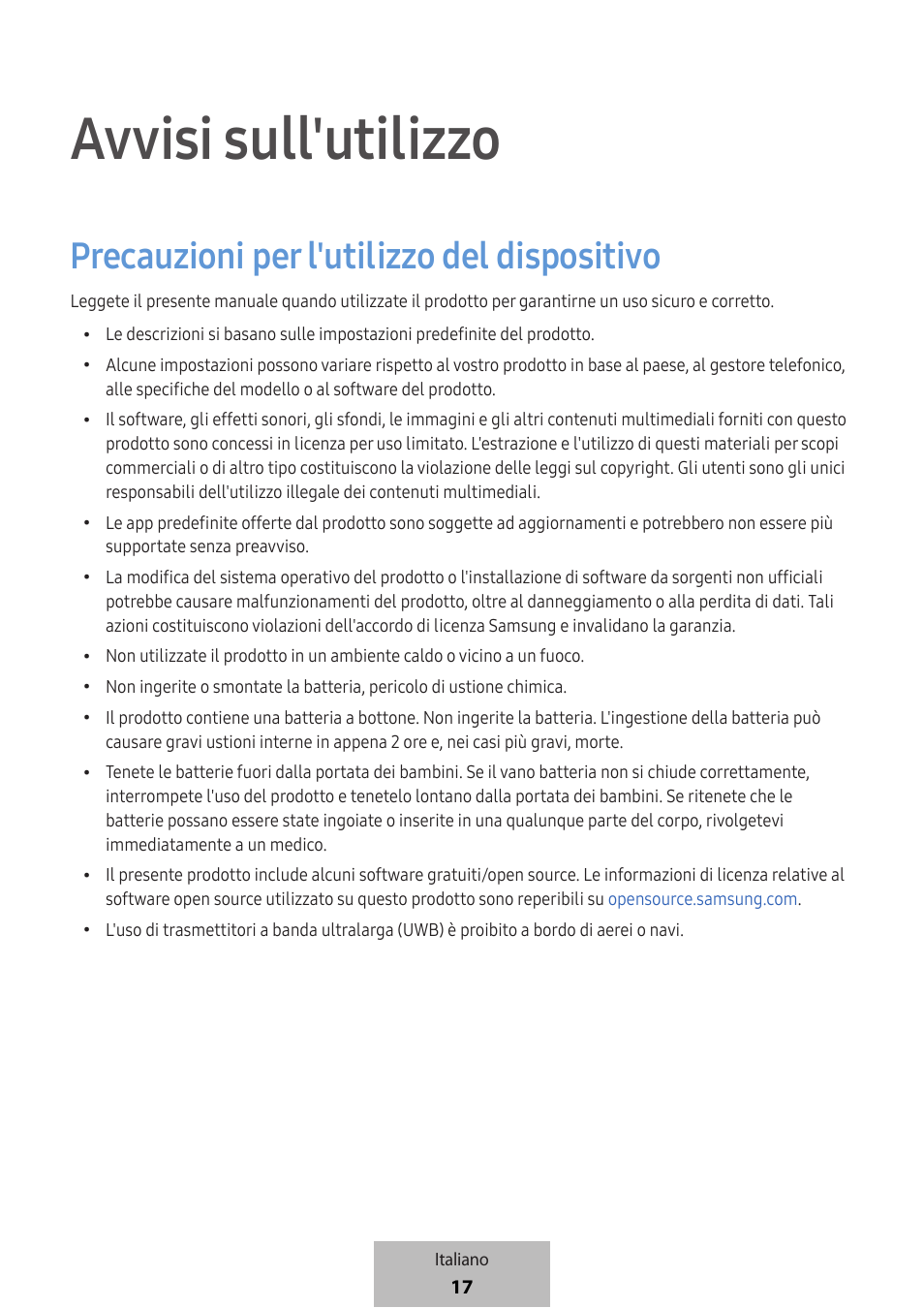 Avvisi sull'utilizzo, Precauzioni per l'utilizzo del dispositivo | Samsung SmartTag2 Wireless Tracker (White) User Manual | Page 85 / 798