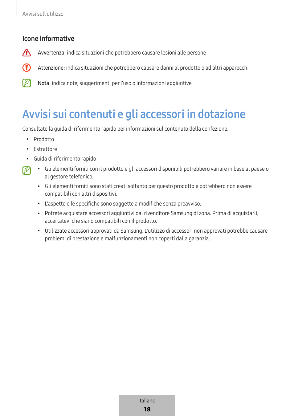 Avvisi sui contenuti e gli accessori in dotazione, Icone informative | Samsung SmartTag2 Wireless Tracker (White) User Manual | Page 86 / 798