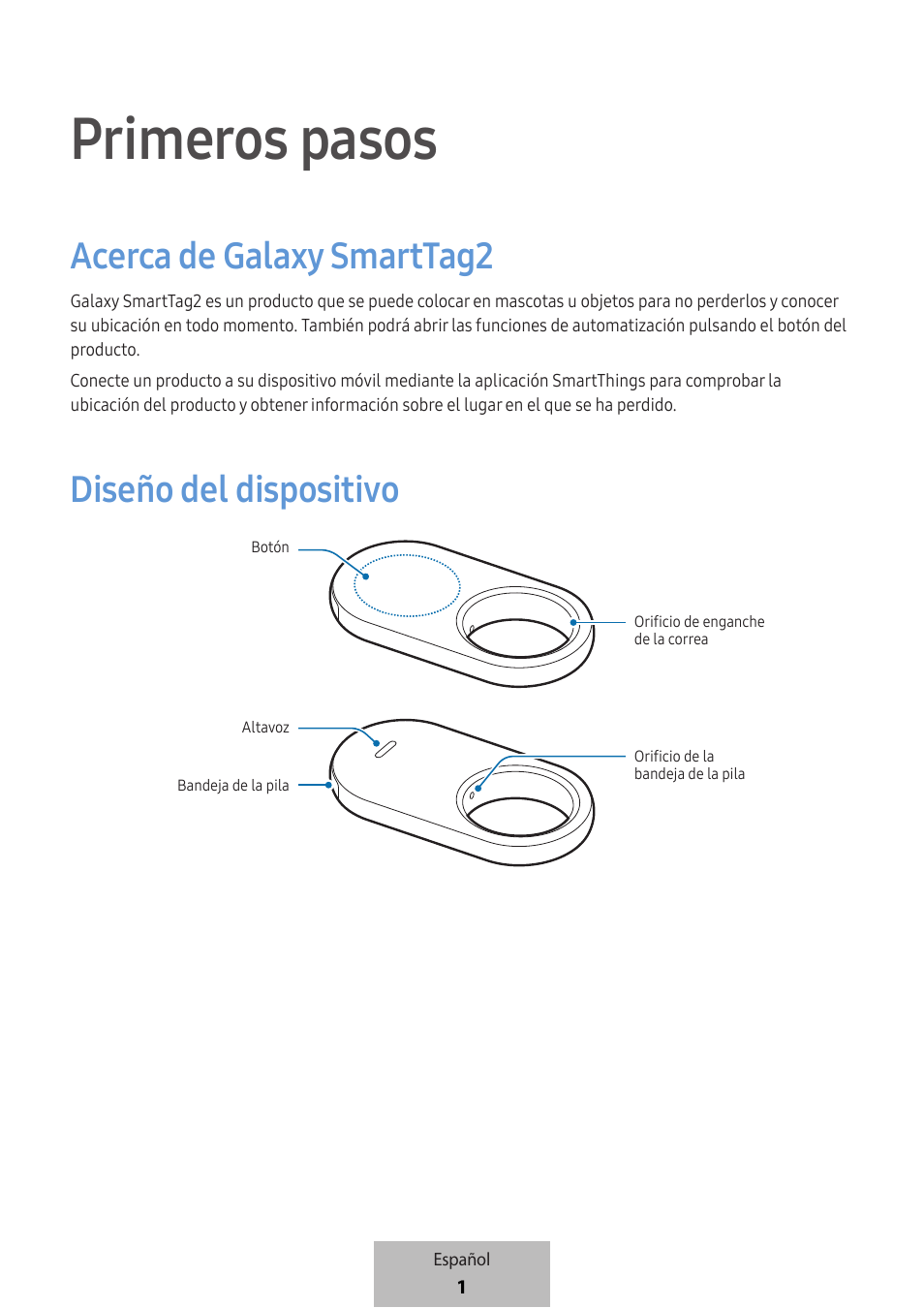 Español, Primeros pasos, Acerca de galaxy smarttag2 | Diseño del dispositivo | Samsung SmartTag2 Wireless Tracker (White) User Manual | Page 91 / 798