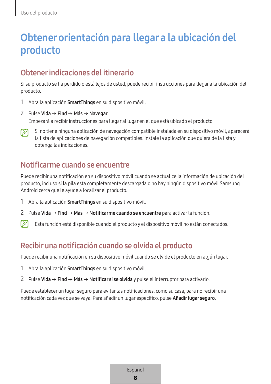 Obtener indicaciones del itinerario, Notificarme cuando se encuentre | Samsung SmartTag2 Wireless Tracker (White) User Manual | Page 98 / 798