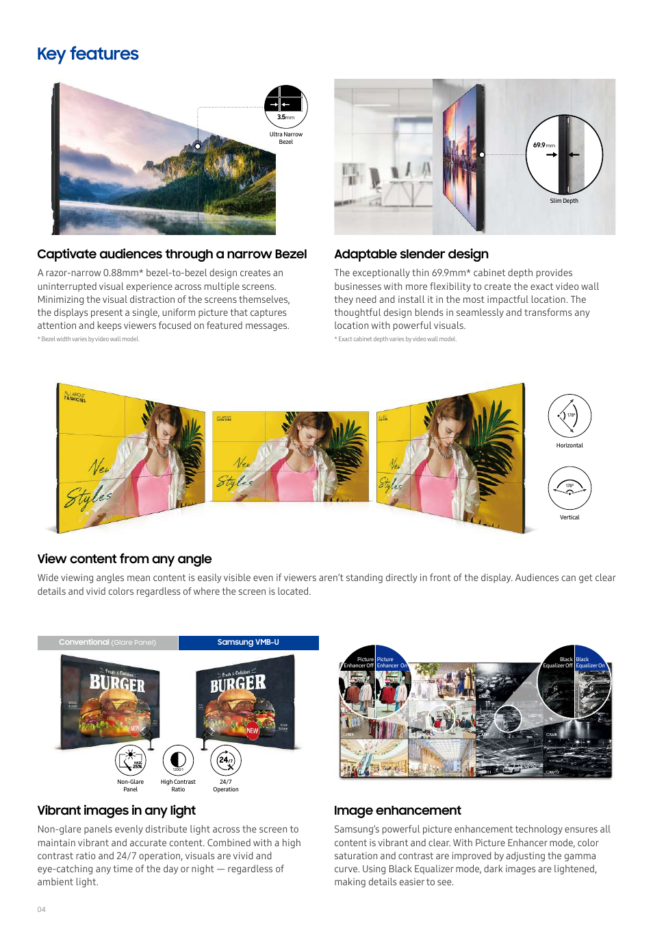 Key features, Vibrant images in any light, Image enhancement | Captivate audiences through a narrow bezel, Adaptable slender design, View content from any angle | Samsung VM46B-U 46" Video Wall Display User Manual | Page 4 / 11