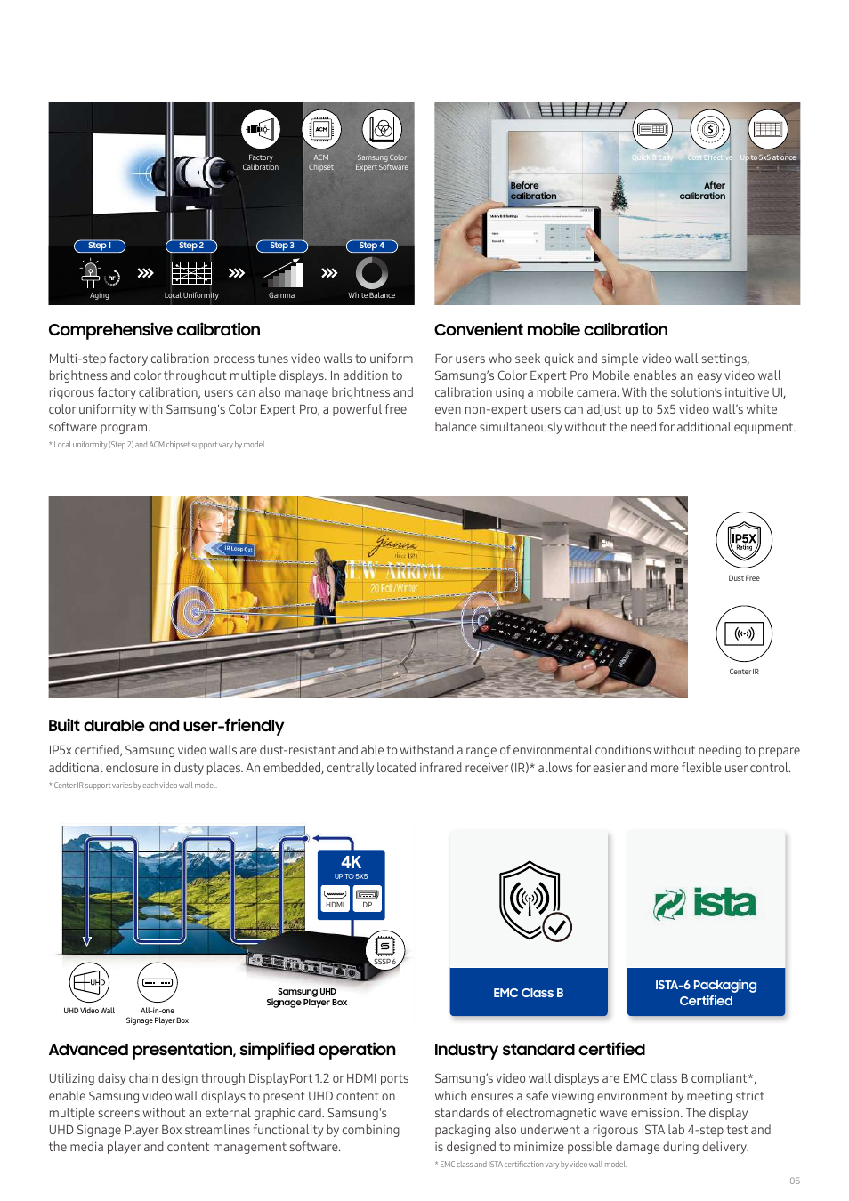 Comprehensive calibration, Convenient mobile calibration, Advanced presentation, simplified operation | Industry standard certified, Built durable and user-friendly | Samsung VM46B-U 46" Video Wall Display User Manual | Page 5 / 11