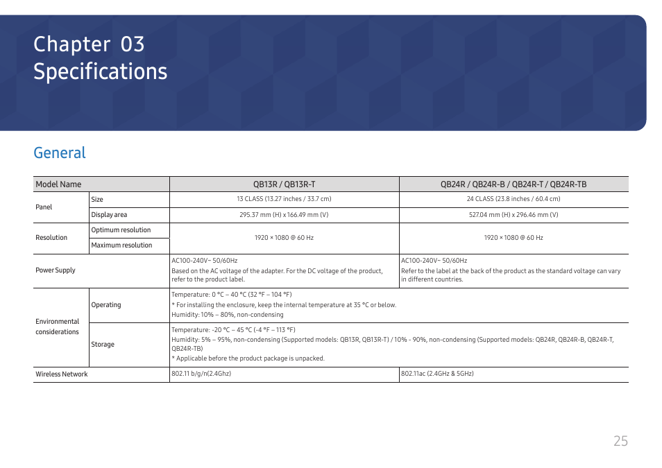 Specifications, General, General 25 | Chapter 03 | Samsung QB24R-TB 24" Class Full HD Commercial Monitor User Manual | Page 25 / 28