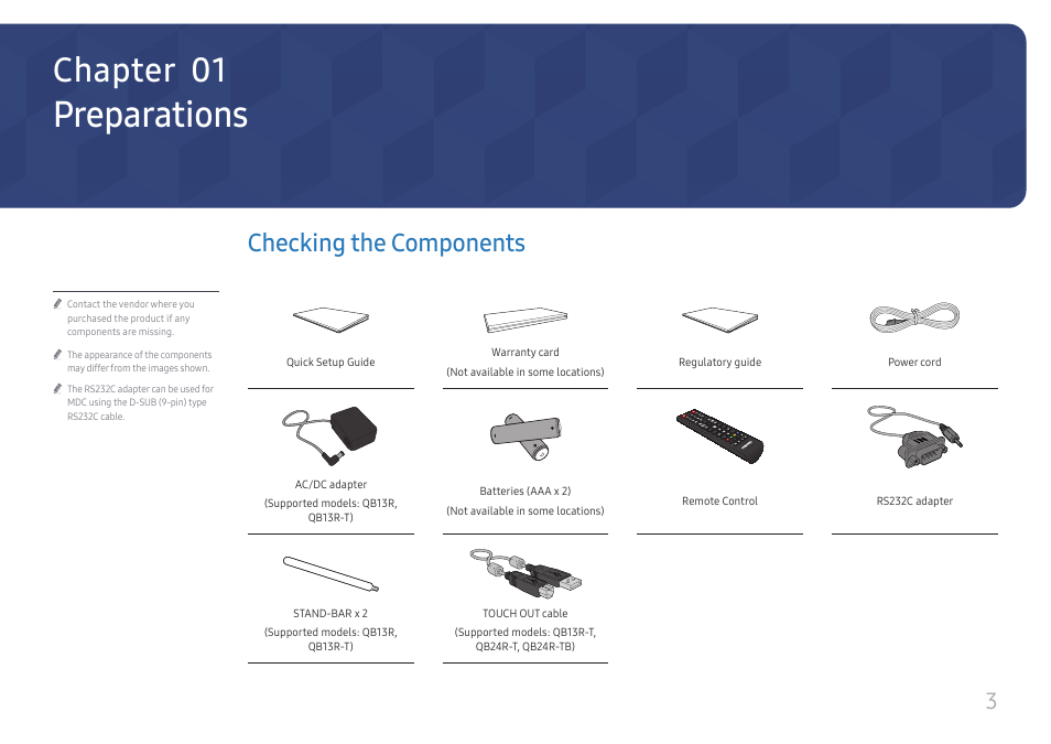 Preparations, Checking the components, Chapter 01 | Samsung QB24R-TB 24" Class Full HD Commercial Monitor User Manual | Page 3 / 28