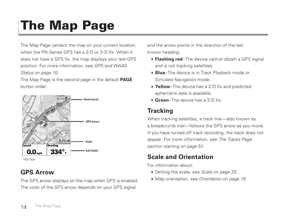 The map page, Gps arrow, Tracking | Scale and orientation | DeLorme Earthmate GPS PN-30 User Manual | Page 16 / 84