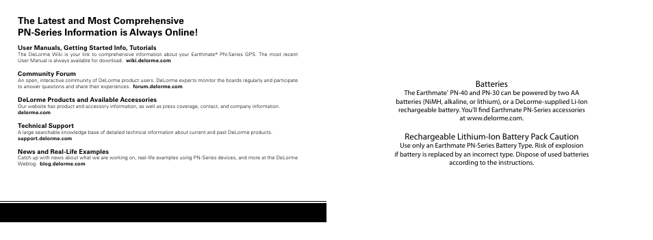 Batteries, Rechargeable lithium-ion battery pack caution | DeLorme Earthmate GPS PN-30 User Manual | Page 2 / 84
