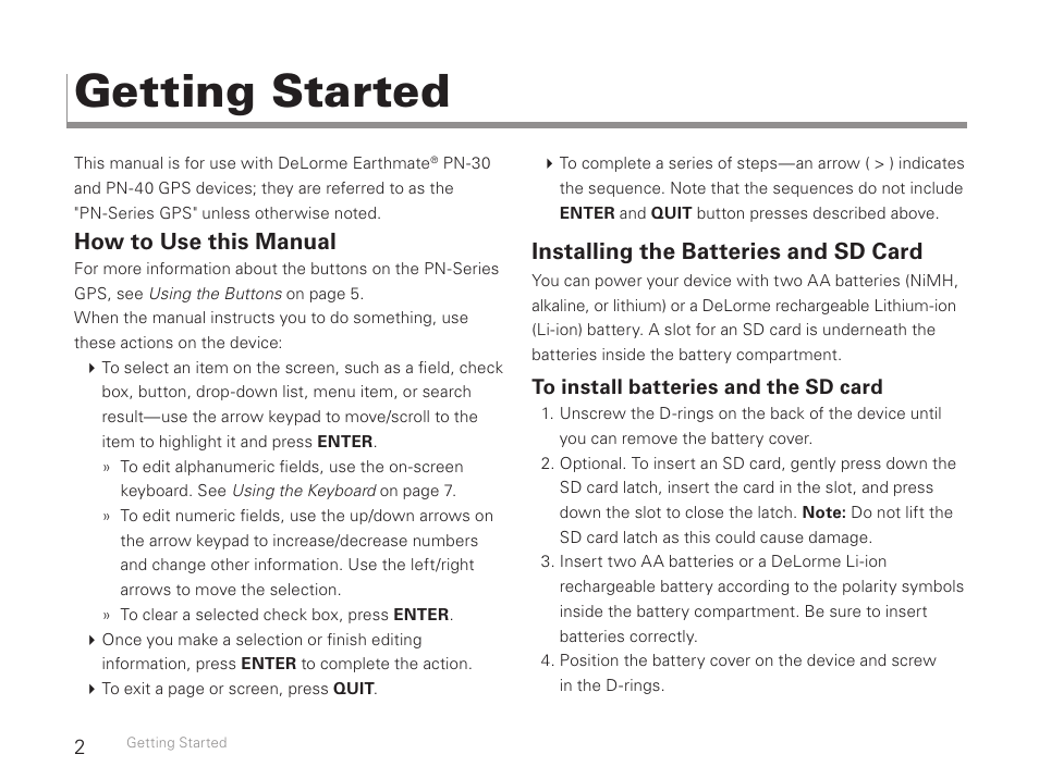 Getting started, How to use this manual, Installing the batteries and sd card | DeLorme Earthmate GPS PN-30 User Manual | Page 4 / 84