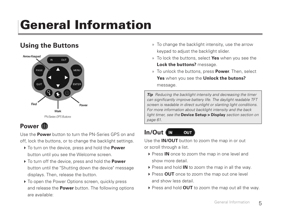 General information, Using the buttons, Power | In/out | DeLorme Earthmate GPS PN-30 User Manual | Page 7 / 84