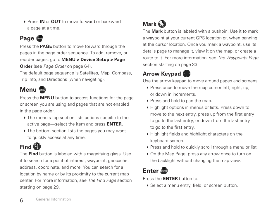 Page, Menu, Enter | DeLorme Earthmate GPS PN-30 User Manual | Page 8 / 84