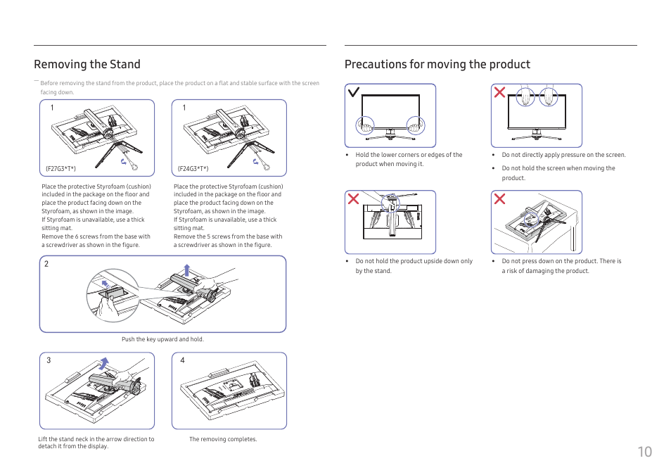 Removing the stand, Precautions for moving the product | Samsung Odyssey G3 LF24G35TFWNXZA 24" 16:9 144 Hz VA Gaming Monitor User Manual | Page 10 / 35