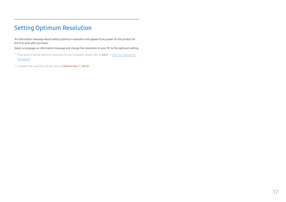 Setting optimum resolution, 17 setting optimum resolution | Samsung Odyssey G3 LF24G35TFWNXZA 24" 16:9 144 Hz VA Gaming Monitor User Manual | Page 17 / 35