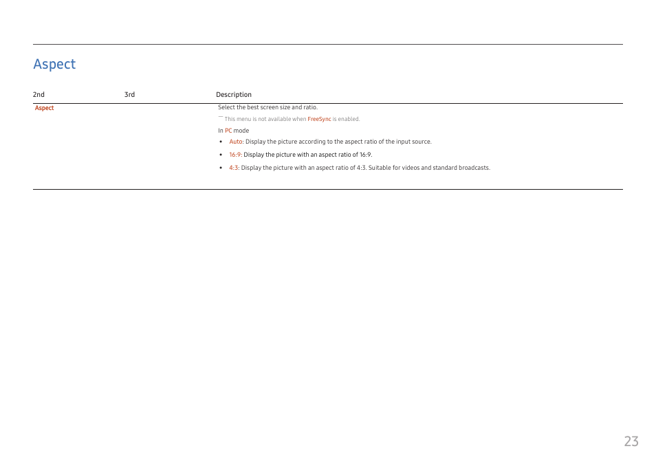 Aspect | Samsung Odyssey G3 LF24G35TFWNXZA 24" 16:9 144 Hz VA Gaming Monitor User Manual | Page 23 / 35