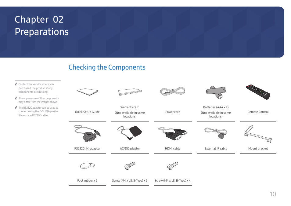 Preparations, Checking the components, Chapter 02 | Samsung UHD Signage Player Box User Manual | Page 10 / 73