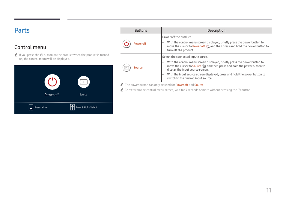 Parts, Control menu, Parts 11 | Samsung UHD Signage Player Box User Manual | Page 11 / 73