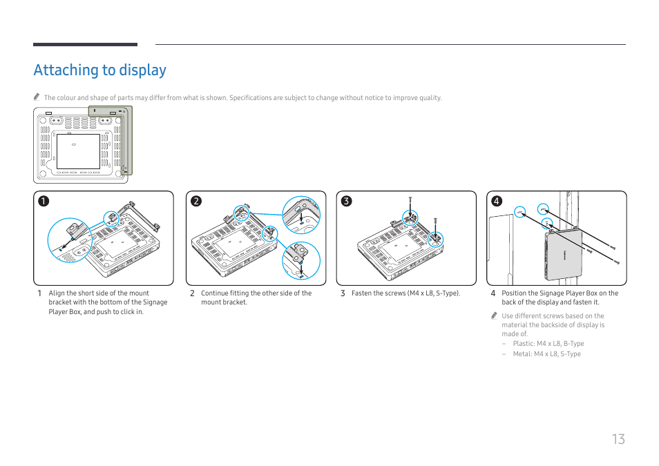 Attaching to display | Samsung UHD Signage Player Box User Manual | Page 13 / 73