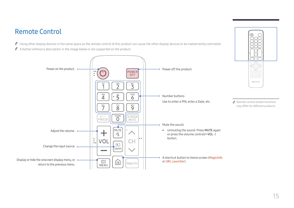 Remote control | Samsung UHD Signage Player Box User Manual | Page 15 / 73