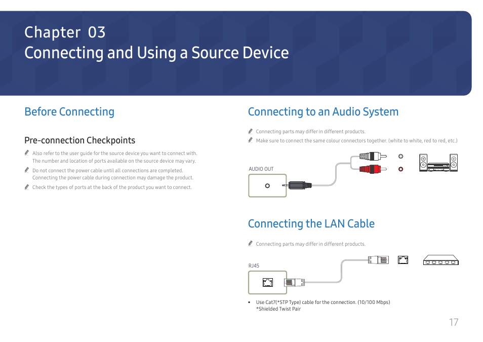 Connecting and using a source device, Before connecting, Pre-connection checkpoints | Connecting to an audio system, Connecting the lan cable, Connecting and using, A source device, Chapter 03 | Samsung UHD Signage Player Box User Manual | Page 17 / 73