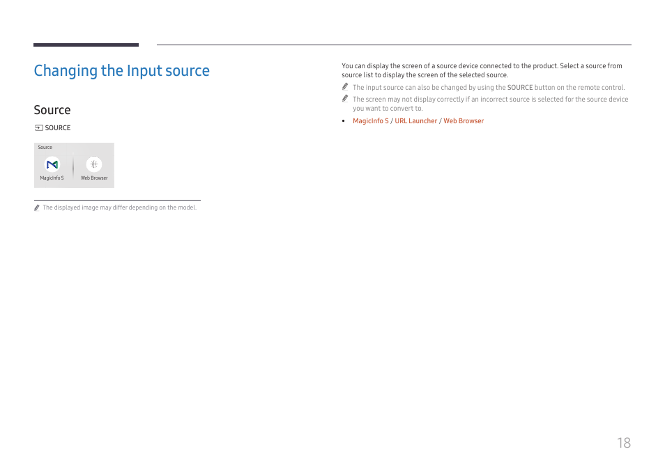 Changing the input source, Source, Source 18 | Samsung UHD Signage Player Box User Manual | Page 18 / 73