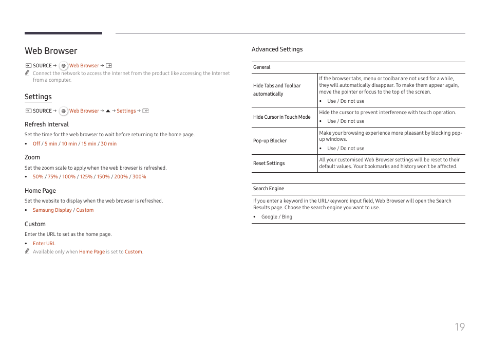 Web browser, Web browser 19, Settings | Samsung UHD Signage Player Box User Manual | Page 19 / 73