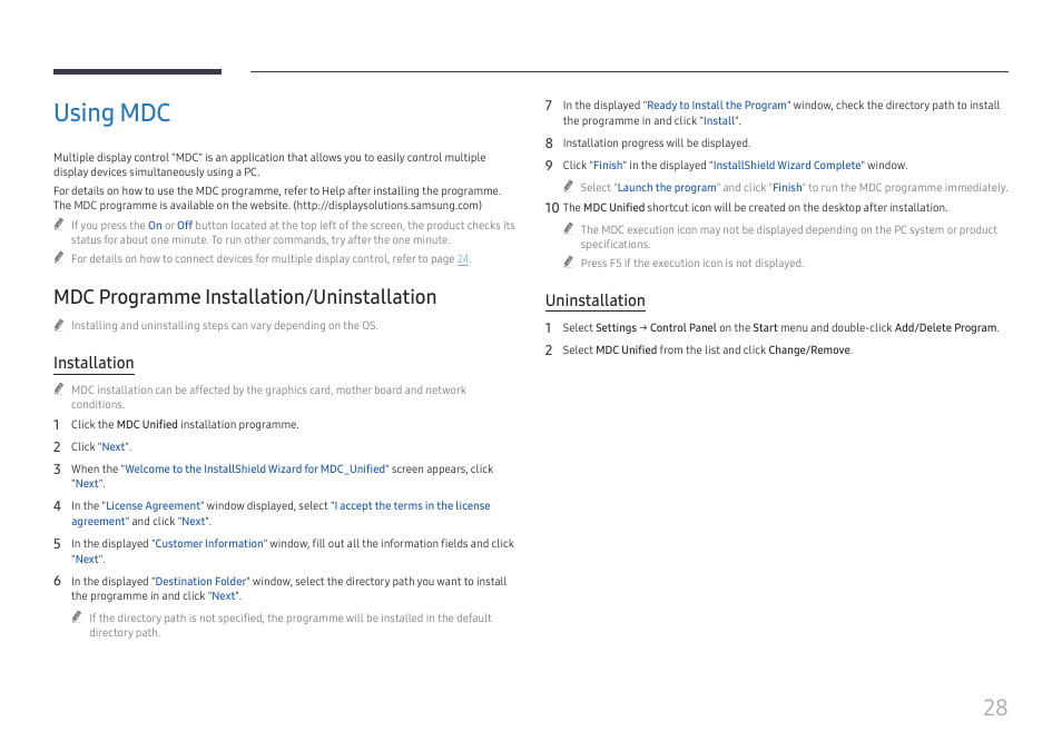 Using mdc, Mdc programme installation/uninstallation, Mdc programme installation/uninstallation 28 | Installation, Uninstallation | Samsung UHD Signage Player Box User Manual | Page 28 / 73