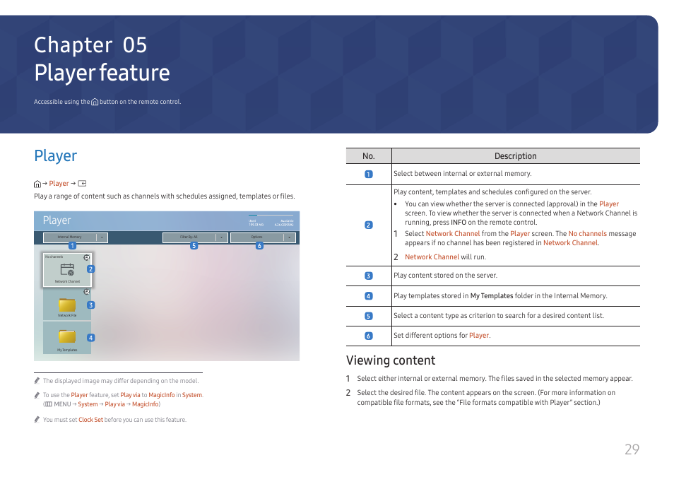 Player feature, Player, Viewing content | Player 29, Chapter 05 | Samsung UHD Signage Player Box User Manual | Page 29 / 73