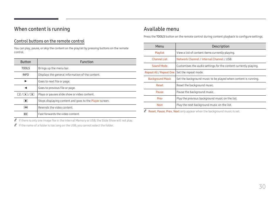 When content is running, Available menu, Control buttons on the remote control | Samsung UHD Signage Player Box User Manual | Page 30 / 73