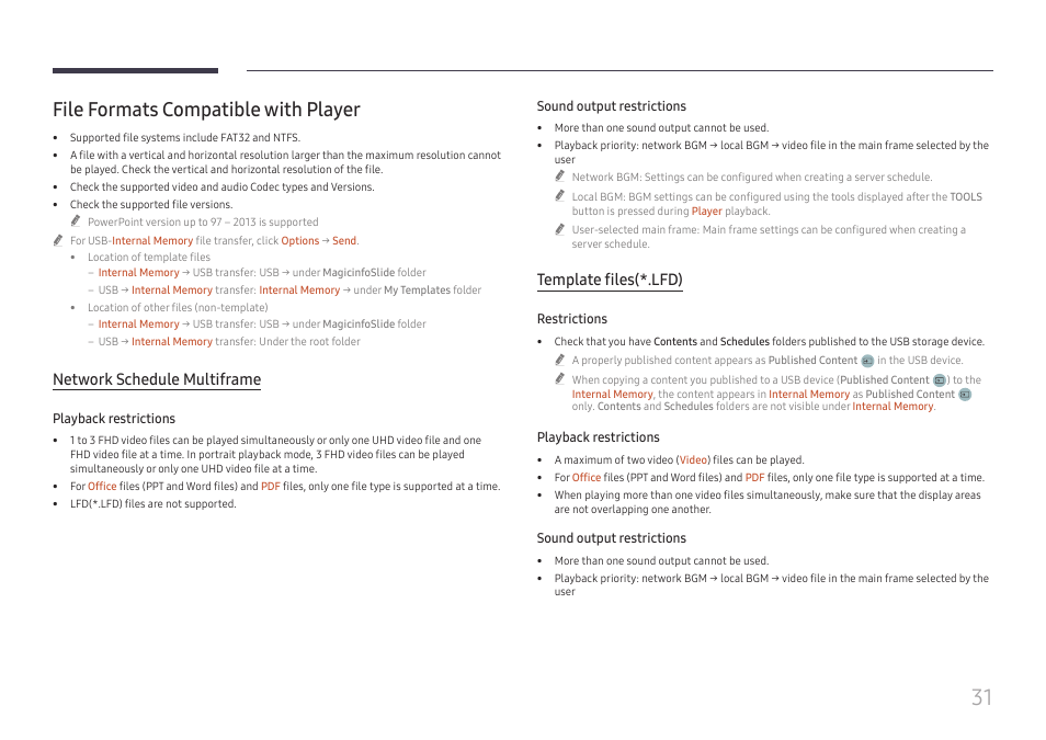 File formats compatible with player, File formats compatible with player 31, Network schedule multiframe | Template files(*.lfd) | Samsung UHD Signage Player Box User Manual | Page 31 / 73