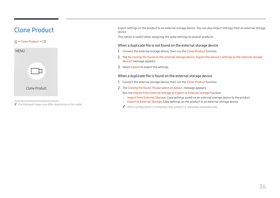 Clone product, Clone product 36 | Samsung UHD Signage Player Box User Manual | Page 36 / 73