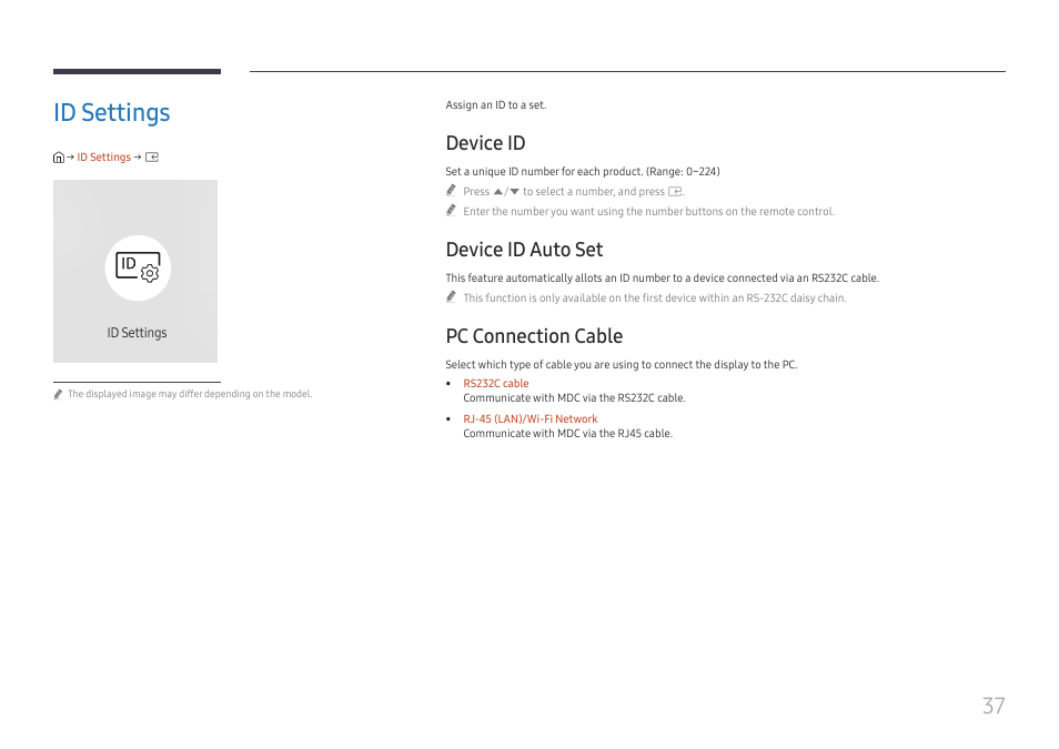 Id settings, Device id, Device id auto set | Pc connection cable, Id settings 37 | Samsung UHD Signage Player Box User Manual | Page 37 / 73