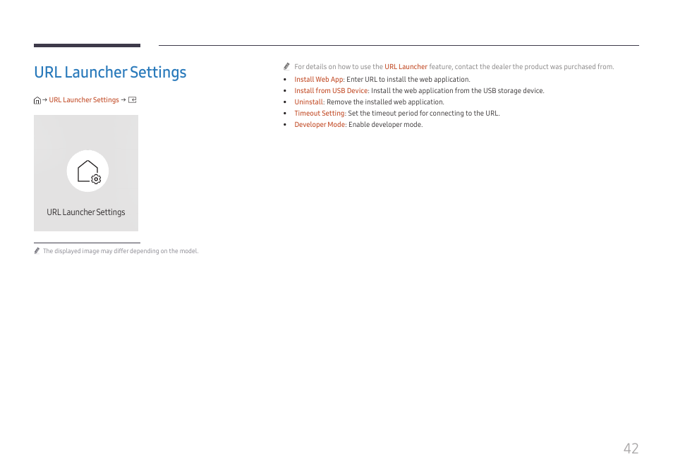 Url launcher settings, Url launcher settings 42 | Samsung UHD Signage Player Box User Manual | Page 42 / 73