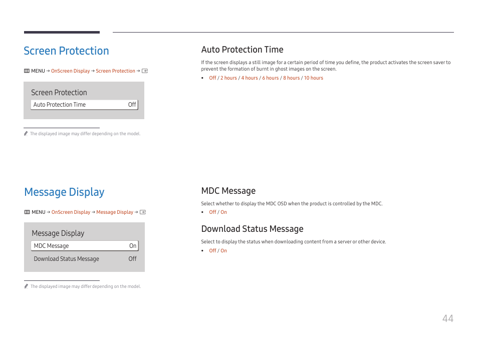 Screen protection, Auto protection time, Message display | Mdc message, Download status message, Screen protection 44, Auto protection time 44, Message display 44, Mdc message 44 download status message 44 | Samsung UHD Signage Player Box User Manual | Page 44 / 73