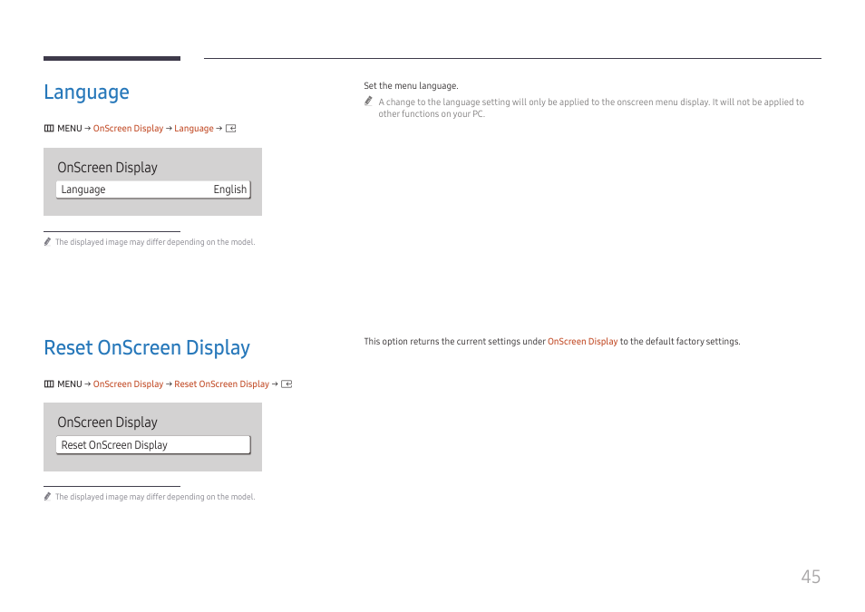 Language, Reset onscreen display, Language 45 | Reset onscreen display 45, Onscreen display | Samsung UHD Signage Player Box User Manual | Page 45 / 73