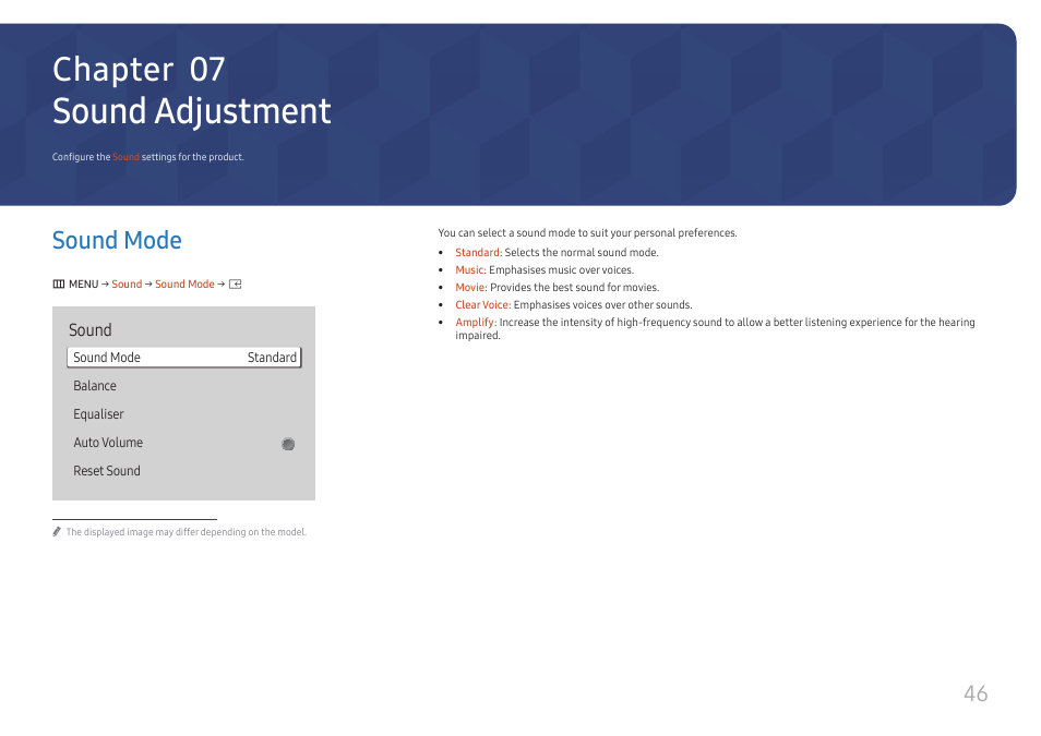 Sound adjustment, Sound mode, Sound mode 46 | Chapter 07, Sound | Samsung UHD Signage Player Box User Manual | Page 46 / 73