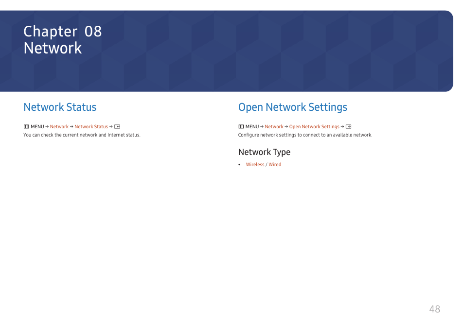 Network, Network status, Open network settings | Network type, Network status 48, Open network settings 48, Network type 48, Chapter 08 | Samsung UHD Signage Player Box User Manual | Page 48 / 73