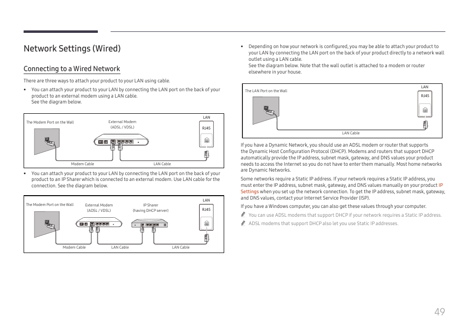 Network settings (wired), Connecting to a wired network | Samsung UHD Signage Player Box User Manual | Page 49 / 73