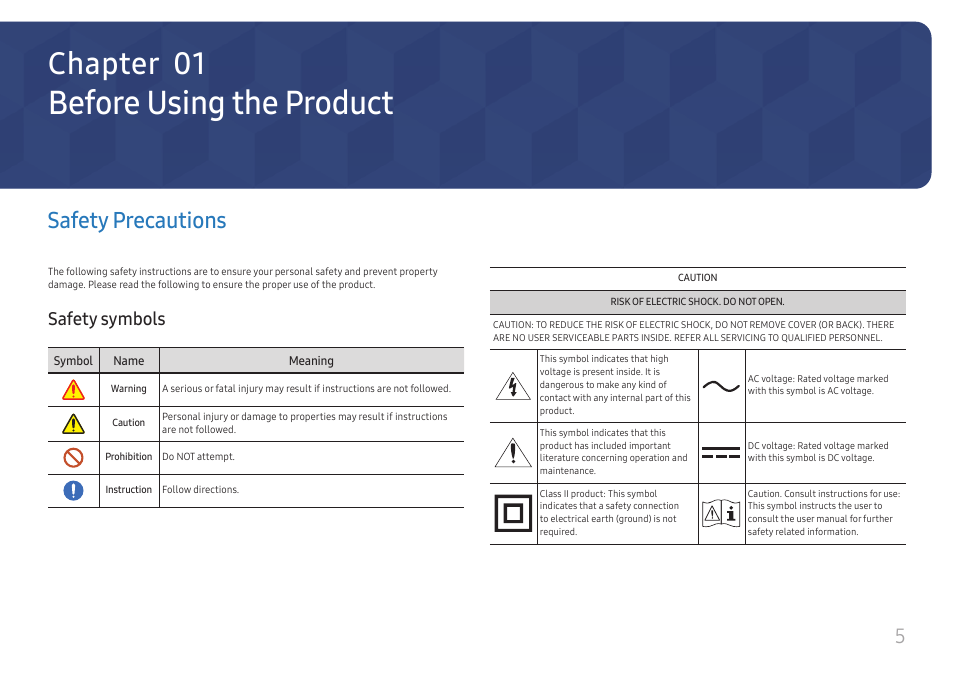 Before using the product, Safety precautions, Safety symbols | Chapter 01 | Samsung UHD Signage Player Box User Manual | Page 5 / 73