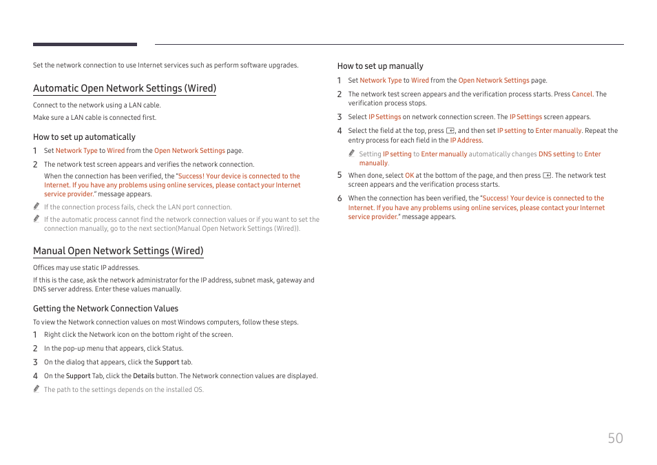 Automatic open network settings (wired), Manual open network settings (wired) | Samsung UHD Signage Player Box User Manual | Page 50 / 73