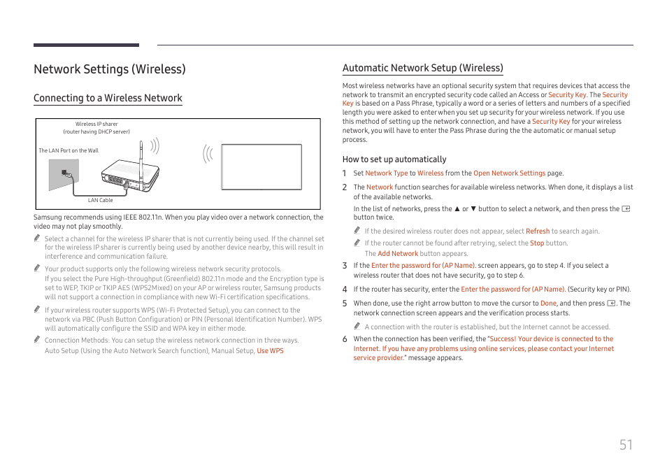 Network settings (wireless), Connecting to a wireless network, Automatic network setup (wireless) | Samsung UHD Signage Player Box User Manual | Page 51 / 73