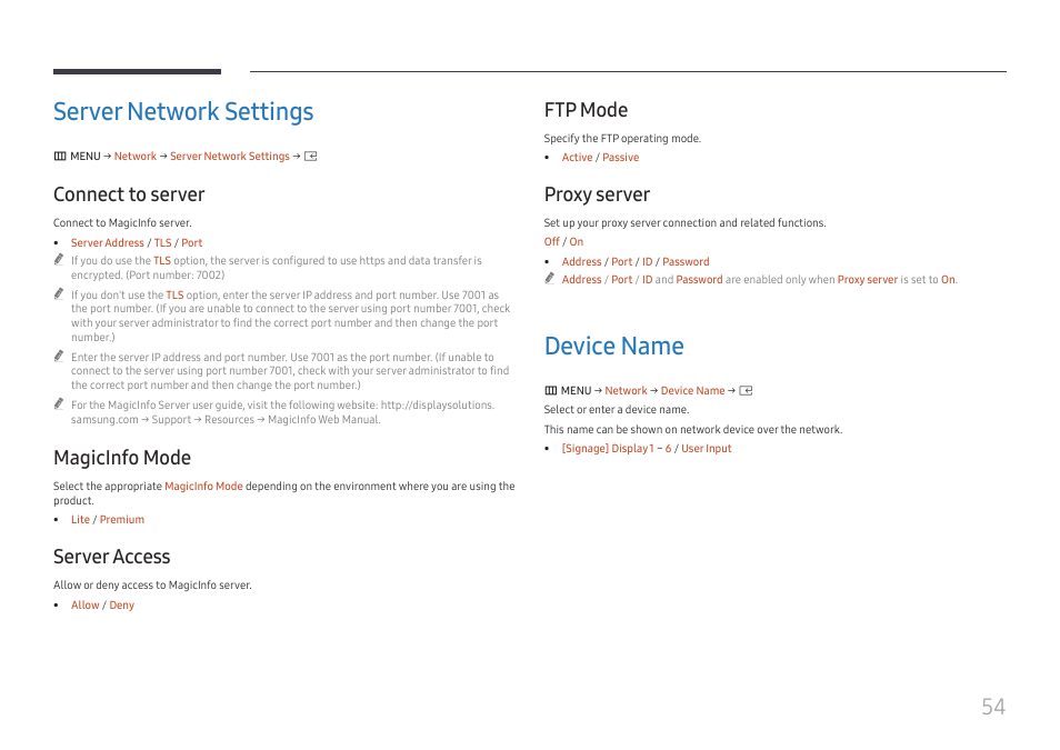 Server network settings, Connect to server, Magicinfo mode | Server access, Ftp mode, Proxy server, Device name, Server network settings 54, Device name 54 | Samsung UHD Signage Player Box User Manual | Page 54 / 73