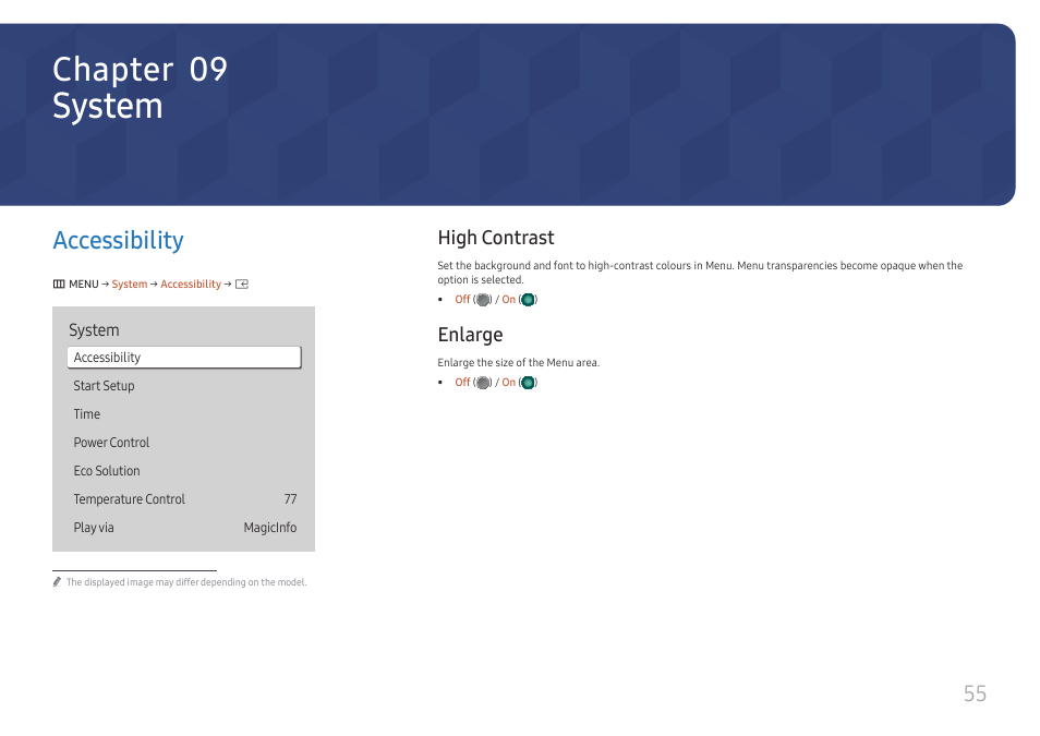System, Accessibility, High contrast | Enlarge, Accessibility 55, High contrast 55 enlarge 55, Chapter 09 | Samsung UHD Signage Player Box User Manual | Page 55 / 73