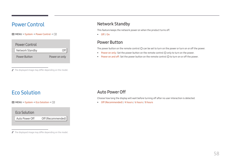 Power control, Network standby, Power button | Eco solution, Auto power off, Power control 58, Network standby 58 power button 58, Eco solution 58, Auto power off 58 | Samsung UHD Signage Player Box User Manual | Page 58 / 73