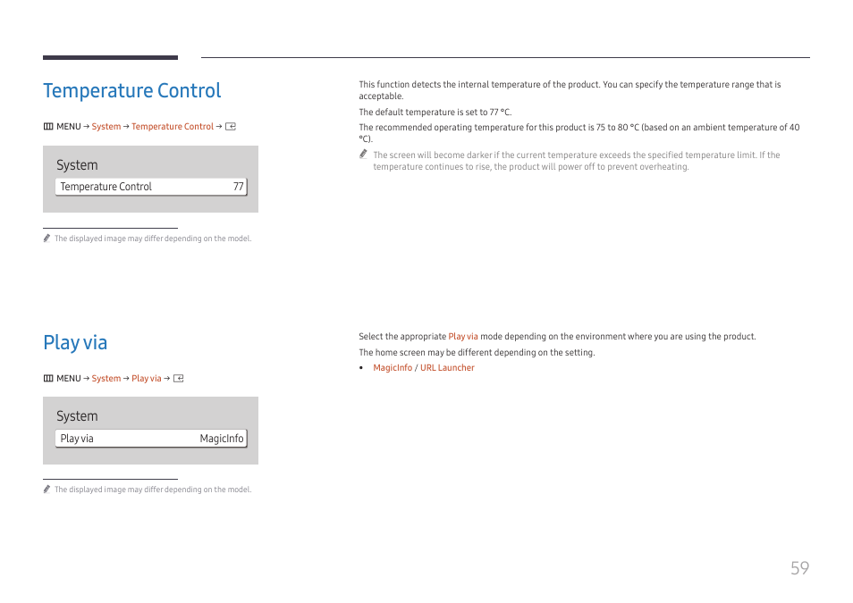 Temperature control, Play via, Temperature control 59 | Play via 59, System | Samsung UHD Signage Player Box User Manual | Page 59 / 73