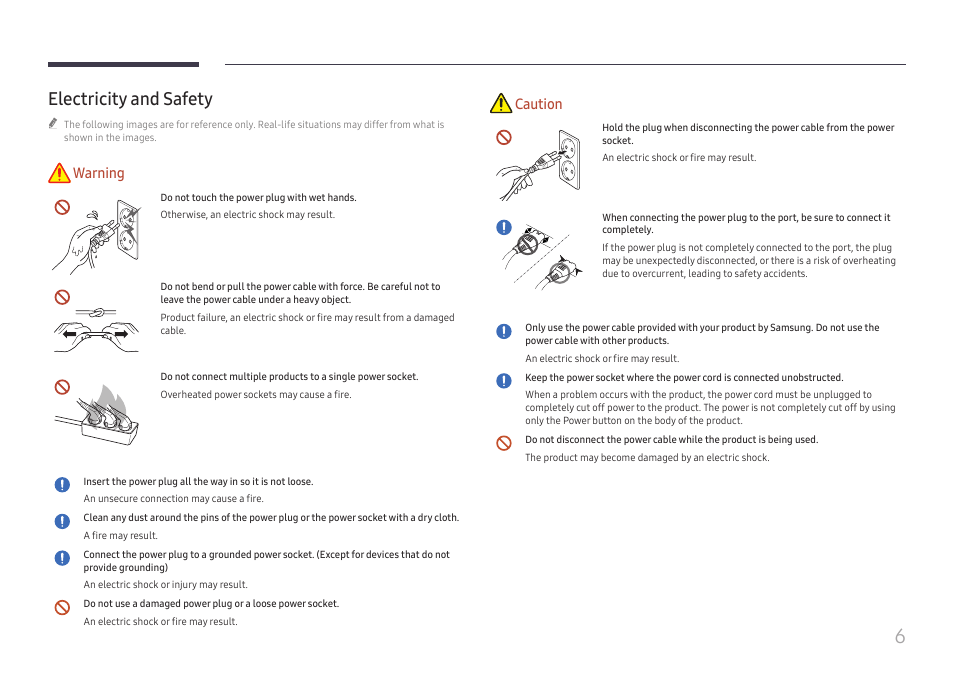 Electricity and safety, Warning, Caution | Samsung UHD Signage Player Box User Manual | Page 6 / 73