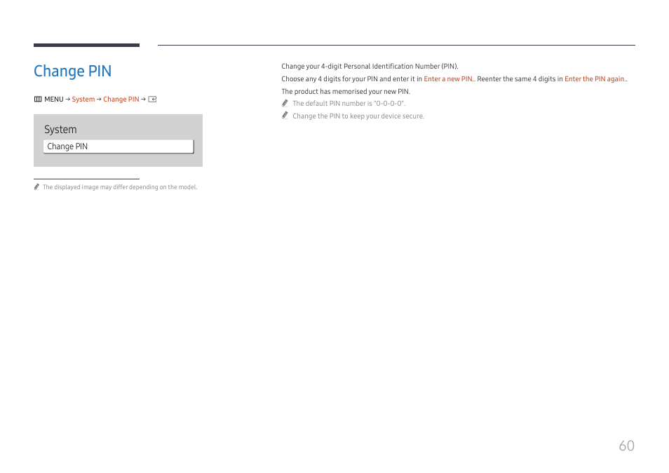 Change pin, Change pin 60, System | Samsung UHD Signage Player Box User Manual | Page 60 / 73